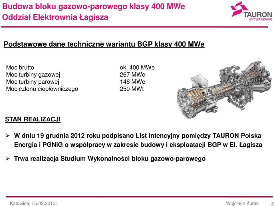 400 MWe 267 MWe 146 MWe 250 MWt STAN REALIZACJI W dniu 19 grudnia 2012 roku podpisano List Intencyjny pomiędzy TAURON