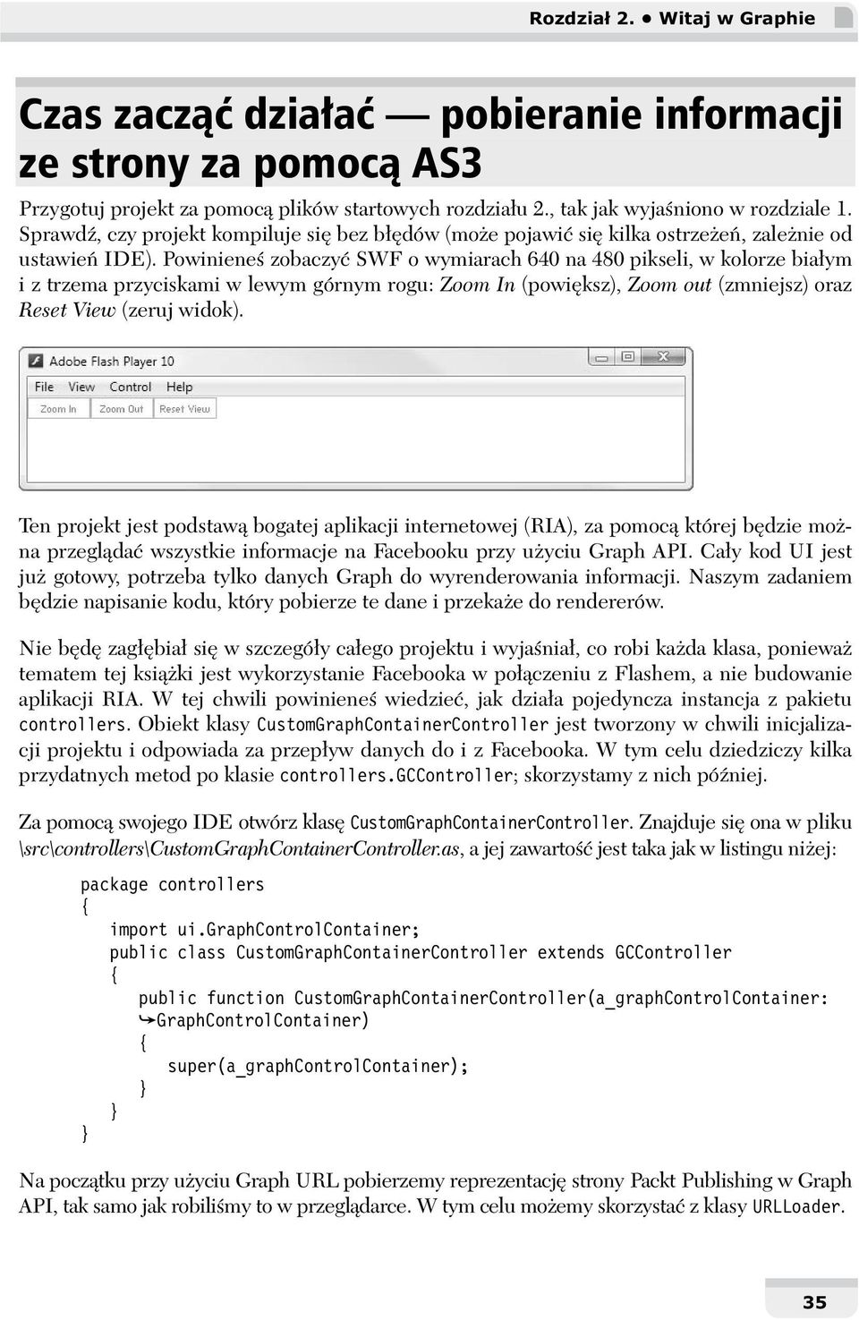 Powiniene zobaczy SWF o wymiarach 640 na 480 pikseli, w kolorze bia ym i z trzema przyciskami w lewym górnym rogu: Zoom In (powi ksz), Zoom out (zmniejsz) oraz Reset View (zeruj widok).