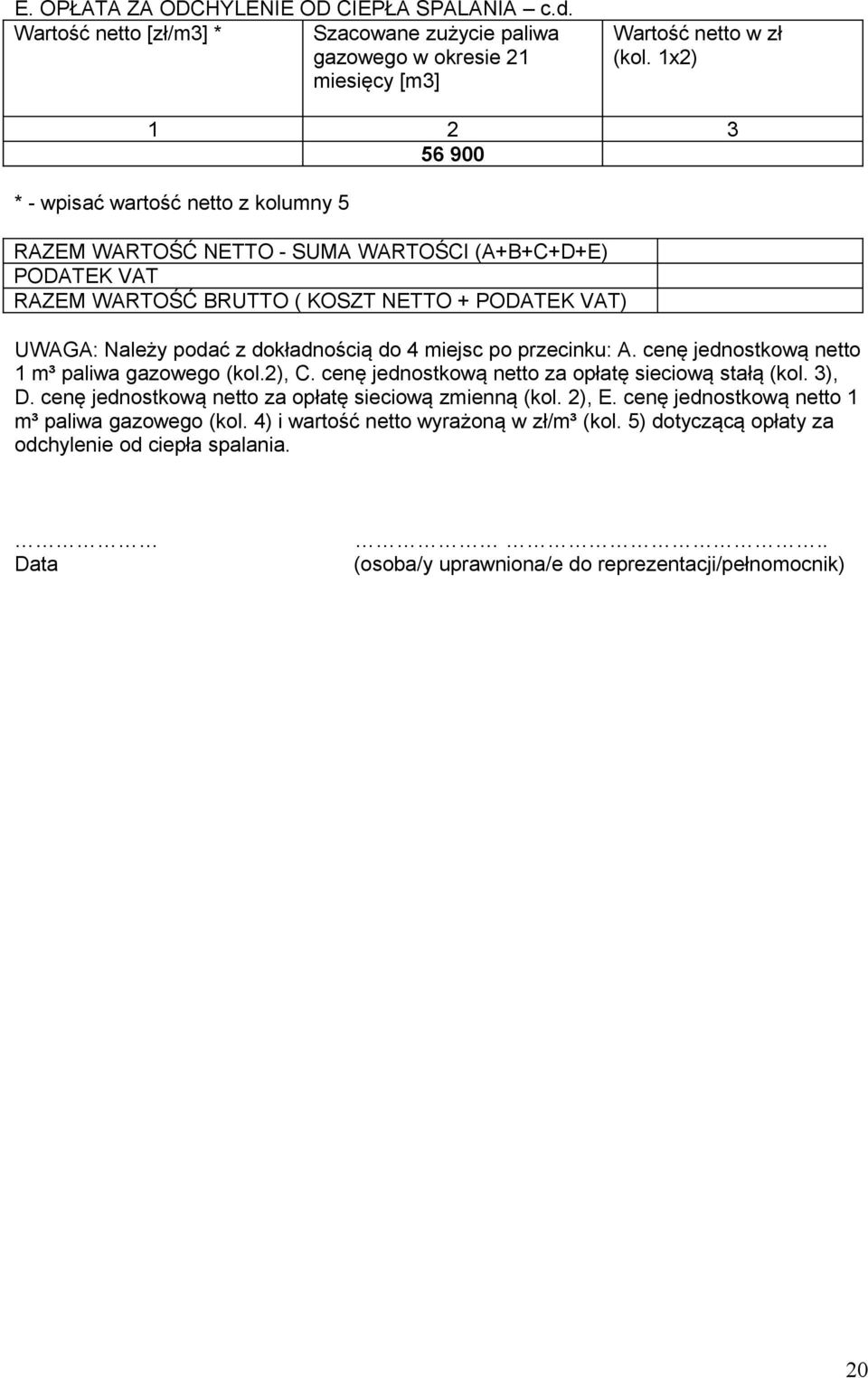 dokładnością do 4 miejsc po przecinku: A. cenę jednostkową netto 1 m³ paliwa gazowego (kol.2), C. cenę jednostkową netto za opłatę sieciową stałą (kol. 3), D.