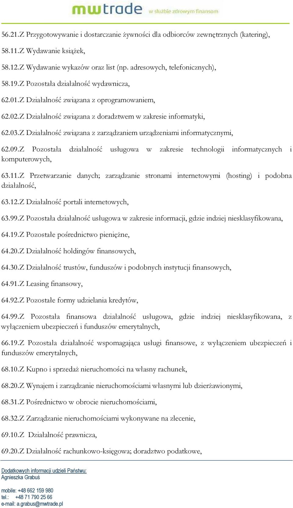 Z Działalność związana z zarządzaniem urządzeniami informatycznymi, 62.09.Z Pozostała działalność usługowa w zakresie technologii informatycznych i komputerowych, 63.11.