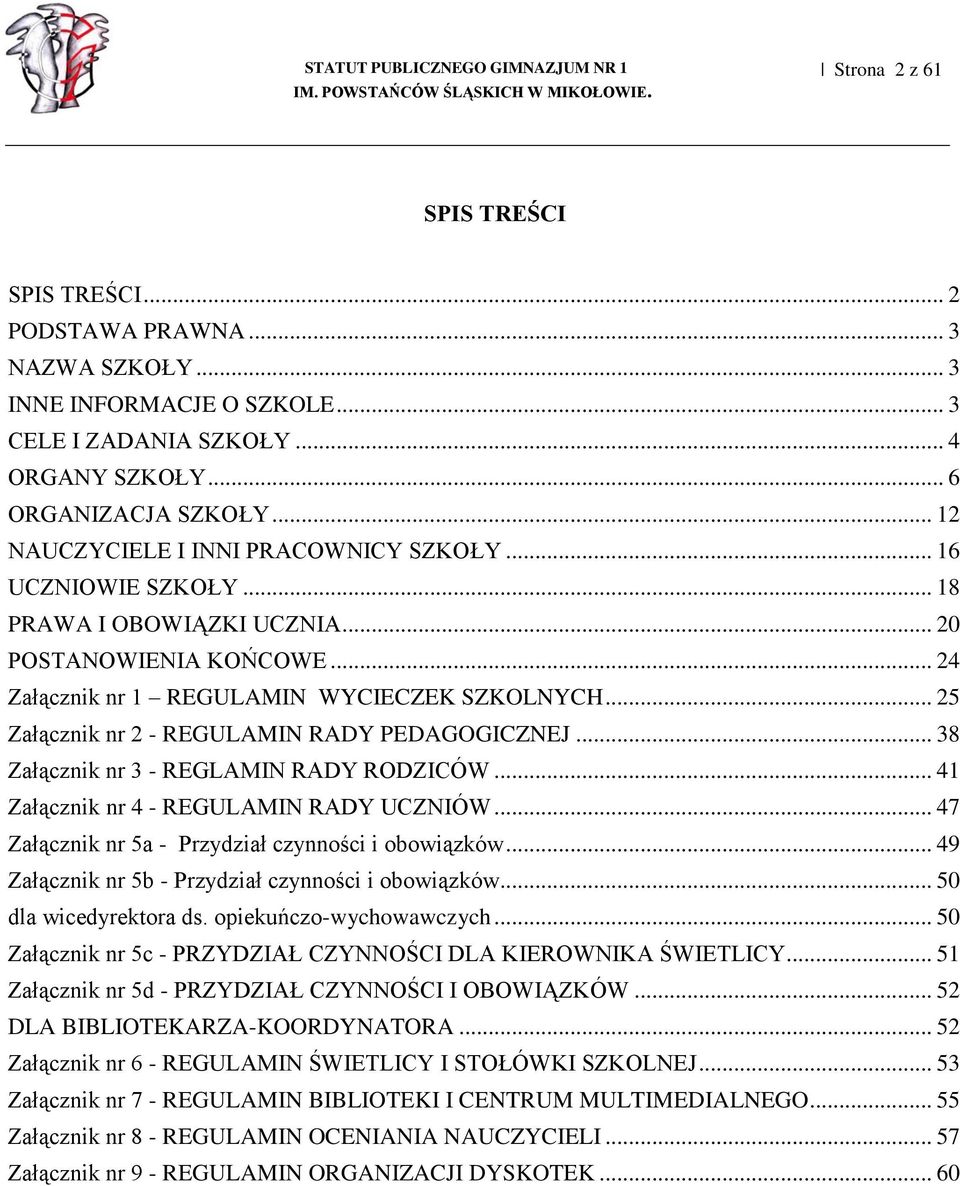 .. 25 Załącznik nr 2 - REGULAMIN RADY PEDAGOGICZNEJ... 38 Załącznik nr 3 - REGLAMIN RADY RODZICÓW... 41 Załącznik nr 4 - REGULAMIN RADY UCZNIÓW... 47 Załącznik nr 5a - Przydział czynności i obowiązków.