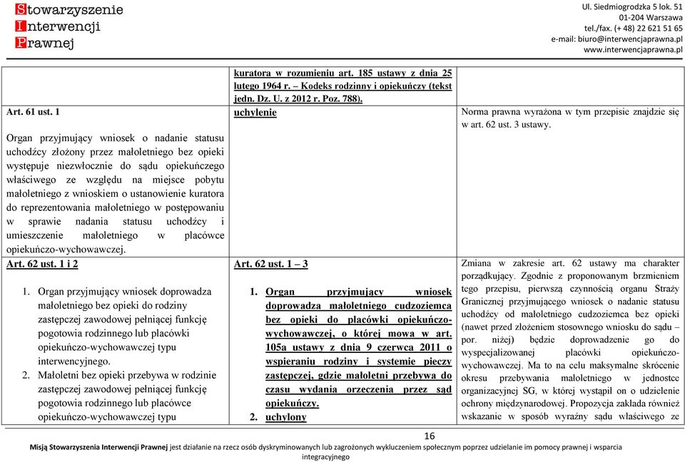 wnioskiem o ustanowienie kuratora do reprezentowania małoletniego w postępowaniu w sprawie nadania statusu uchodźcy i umieszczenie małoletniego w placówce opiekuńczo-wychowawczej. Art. 62 ust.