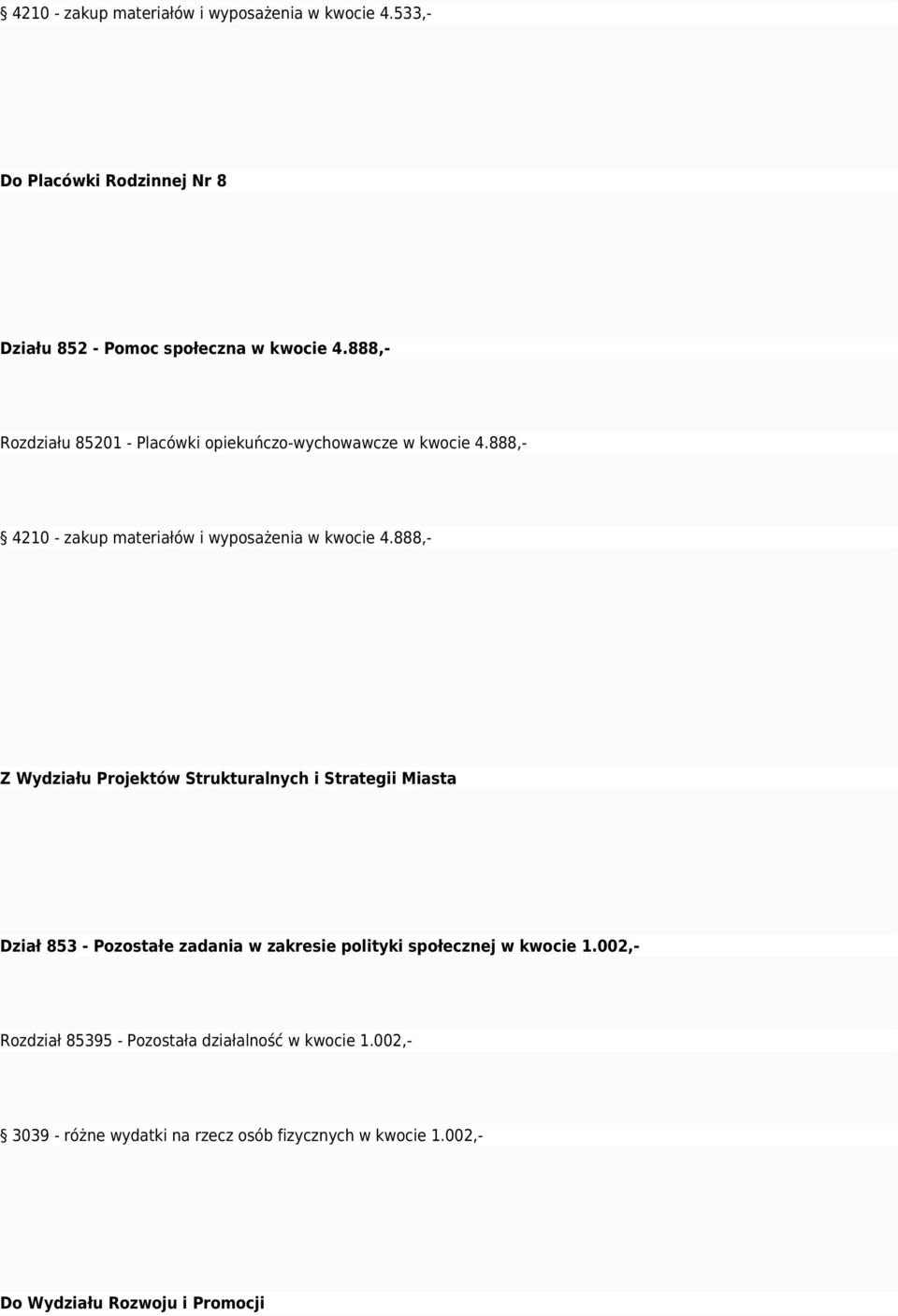888,- Z Wydziału Projektów Strukturalnych i Strategii Miasta Dział 853 - Pozostałe zadania w zakresie polityki społecznej w kwocie 1.