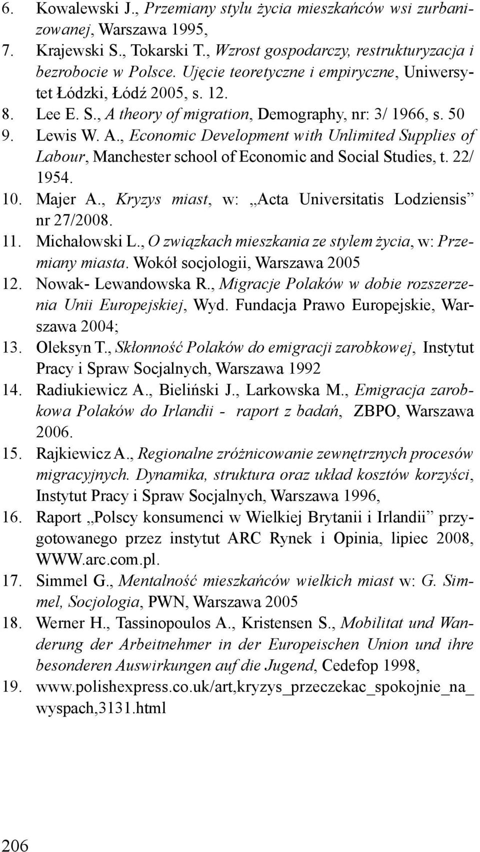 22/ 1954. 10. Majer A., Kryzys miast, w: Acta Universitatis Lodziensis nr 27/2008. 11. Michałowski L., O związkach mieszkania ze stylem życia, w: Przemiany miasta. Wokół socjologii, Warszawa 2005 12.