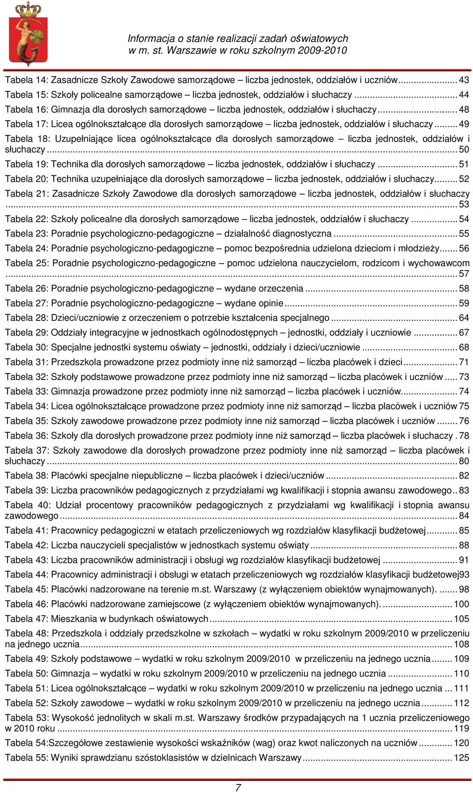 .. 49 Tabela 18: Uzupełniające licea ogólnokształcące dla dorosłych samorządowe liczba jednostek, oddziałów i słuchaczy.