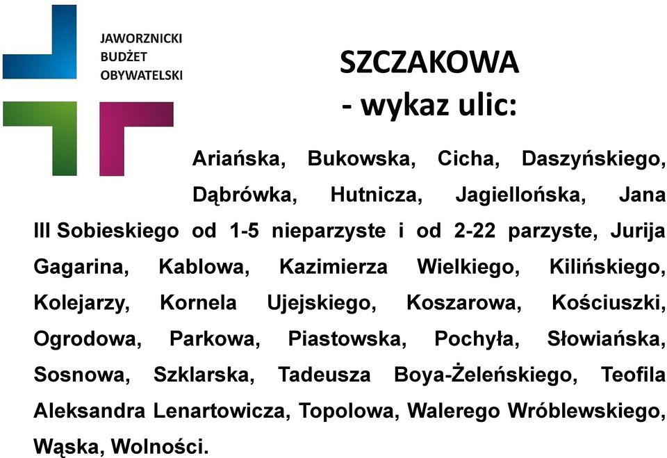 Kornela Ujejskiego, Koszarowa, Kościuszki, Ogrodowa, Parkowa, Piastowska, Pochyła, Słowiańska, Sosnowa,