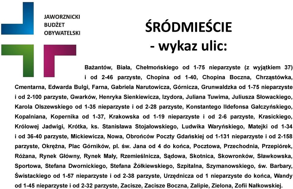 2-28 parzyste, Konstantego Ildefonsa Gałczyńskiego, Kopalniana, Kopernika od 1-37, Krakowska od 1-19 nieparzyste i od 2-6 parzyste, Krasickiego, Królowej Jadwigi, Krótka, ks.