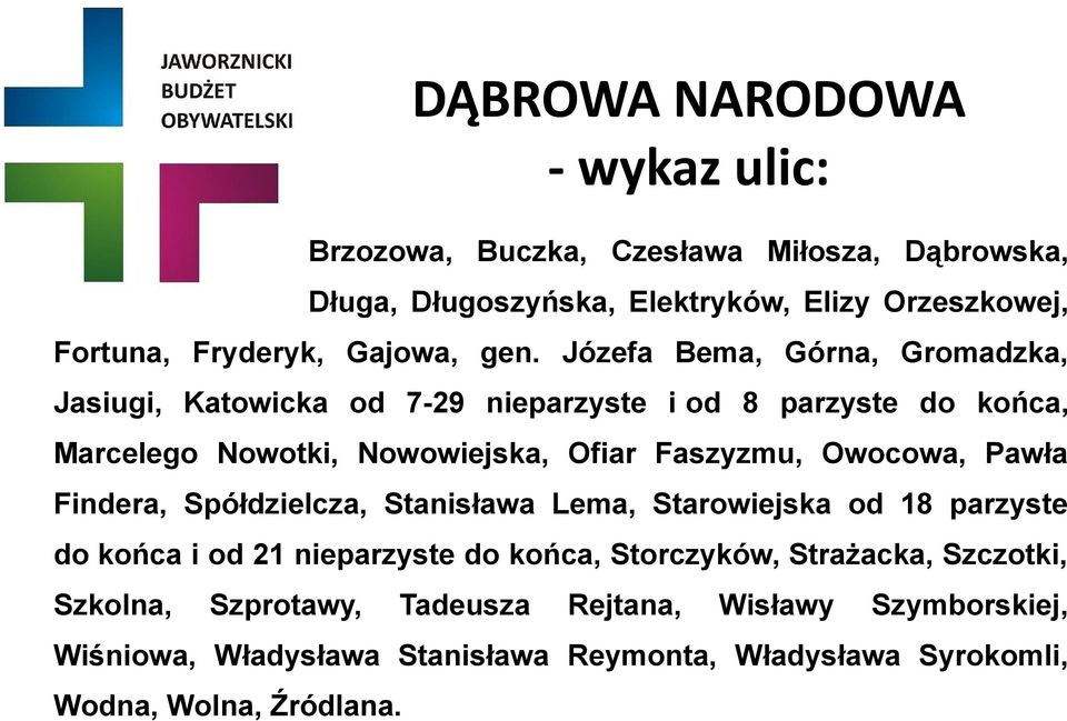 Owocowa, Pawła Findera, Spółdzielcza, Stanisława Lema, Starowiejska od 18 parzyste do końca i od 21 nieparzyste do końca, Storczyków, Strażacka,