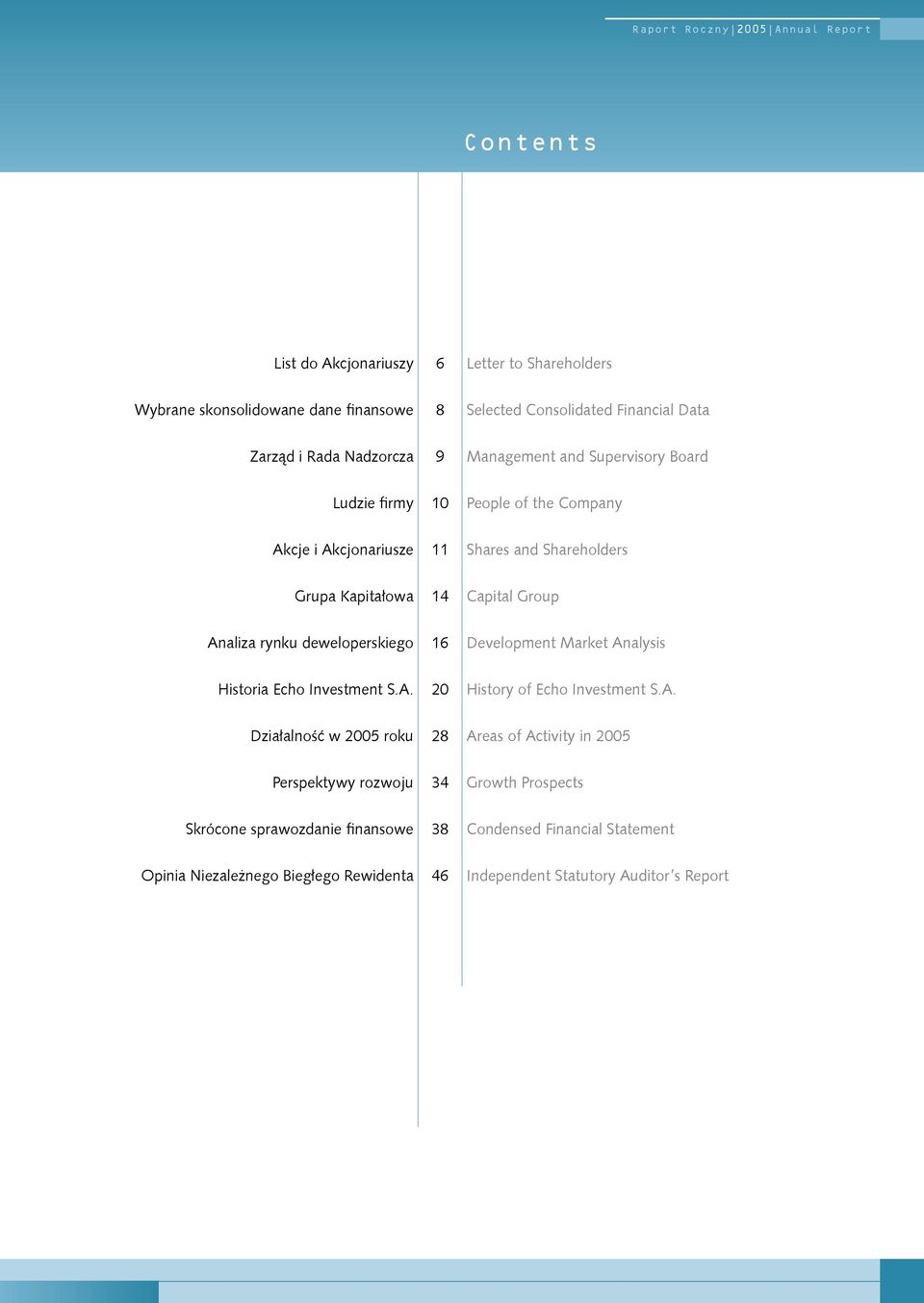 Analiza rynku deweloperskiego 16 Development Market Analysis Historia Echo Investment S.A. 20 History of Echo Investment S.A. Działalność w 2005 roku 28 Areas of Activity in