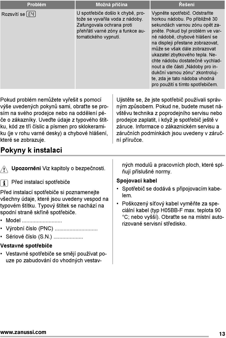 Pokud byl problém ve varné nádobě, chybové hlášení se na displeji přestane zobrazovat, může se však dále zobrazovat ukazatel zbytkového tepla.