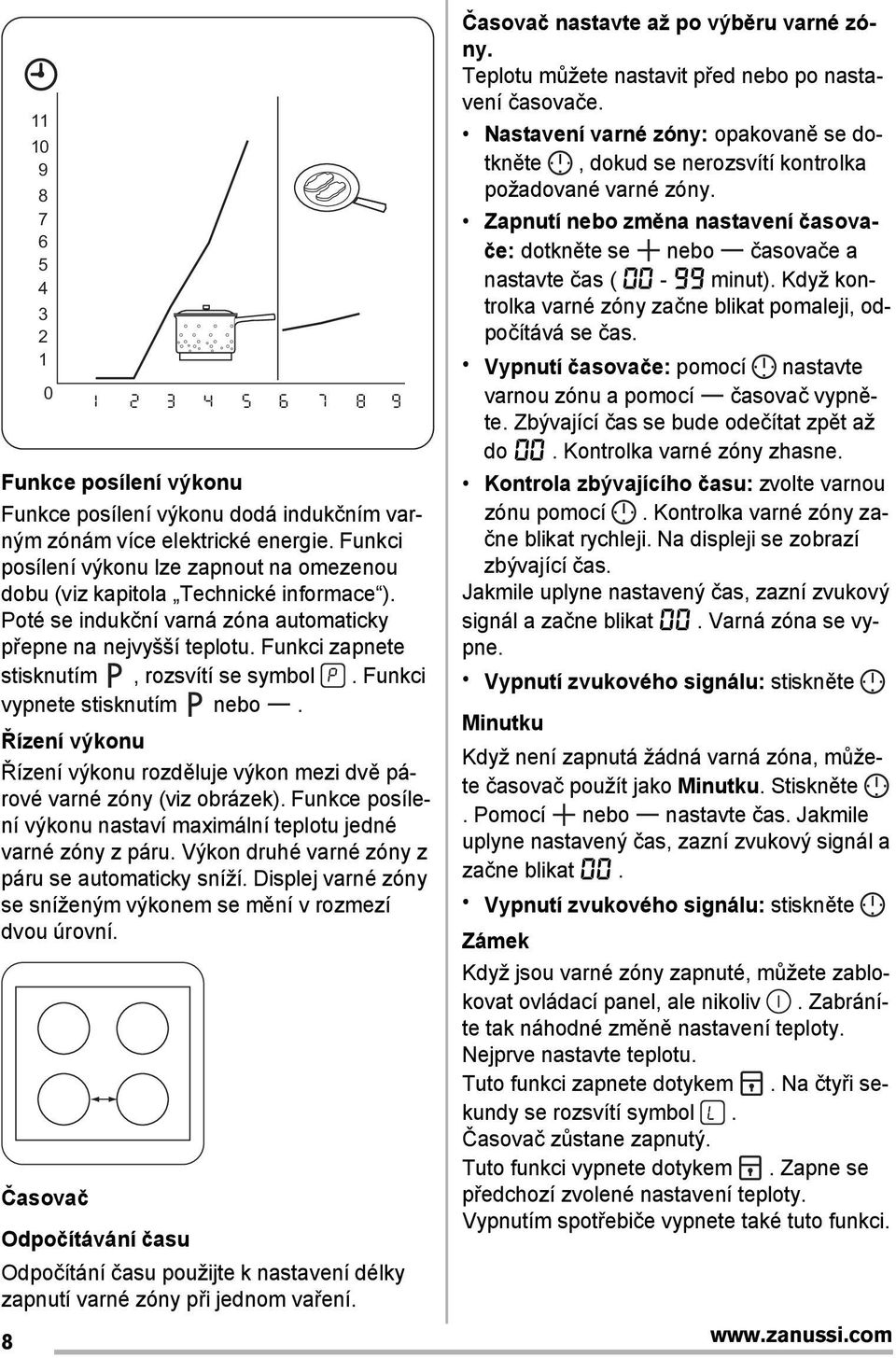 Funkci zapnete stisknutím, rozsvítí se symbol. Funkci vypnete stisknutím nebo. Řízení výkonu Řízení výkonu rozděluje výkon mezi dvě párové varné zóny (viz obrázek).