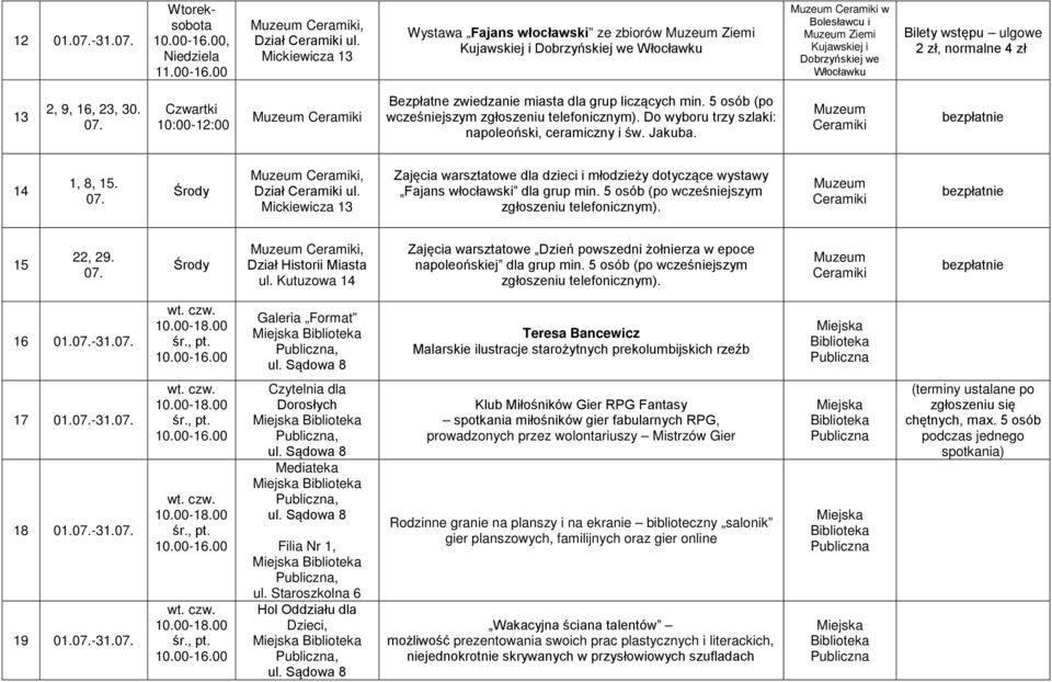 13 2, 9, 16, 23, 30. Czwartki 10:00-12:00 Bezpłatne zwiedzanie miasta dla grup liczących min. 5 osób (po wcześniejszym zgłoszeniu telefonicznym). Do wyboru trzy szlaki: napoleoński, ceramiczny i św.