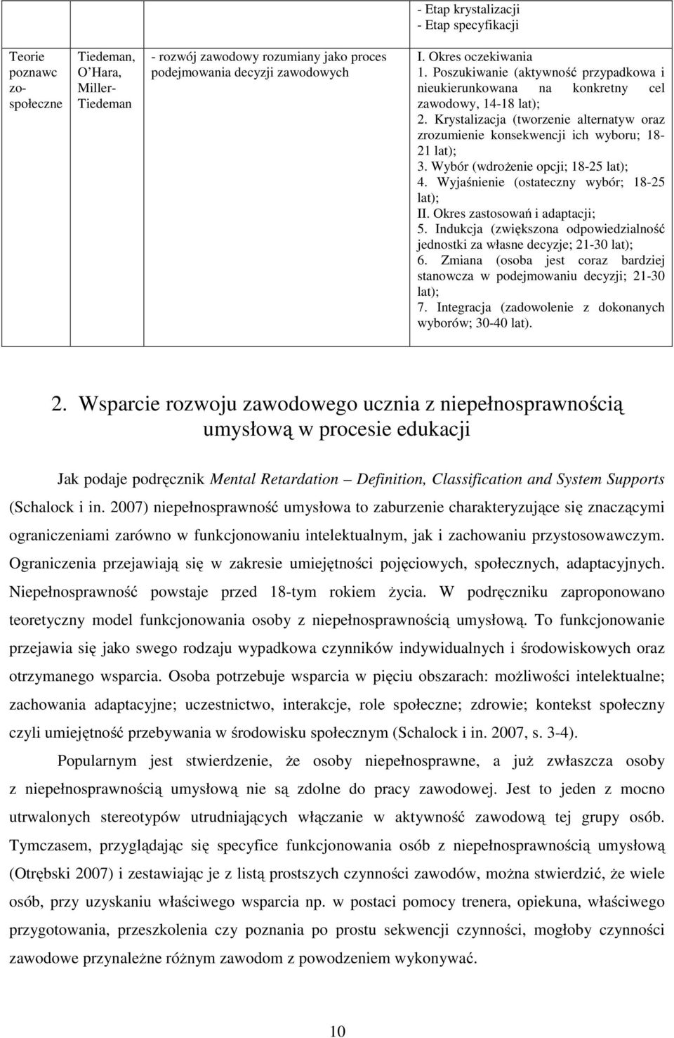 Wybór (wdrożenie opcji; 18-25 lat); 4. Wyjaśnienie (ostateczny wybór; 18-25 lat); II. Okres zastosowań i adaptacji; 5. Indukcja (zwiększona odpowiedzialność jednostki za własne decyzje; 21-30 lat); 6.