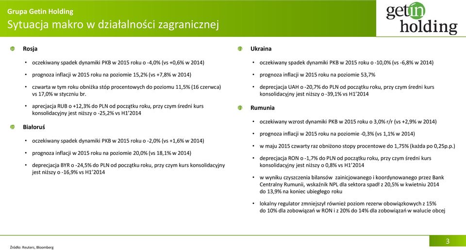 aprecjacja RUB o +12,3% do PLN od początku roku, przy czym średni kurs konsolidacyjny jest niższy o -25,2% vs H1 2014 Białoruś oczekiwany spadek dynamiki PKB w 2015 roku o -2,0% (vs +1,6% w 2014)