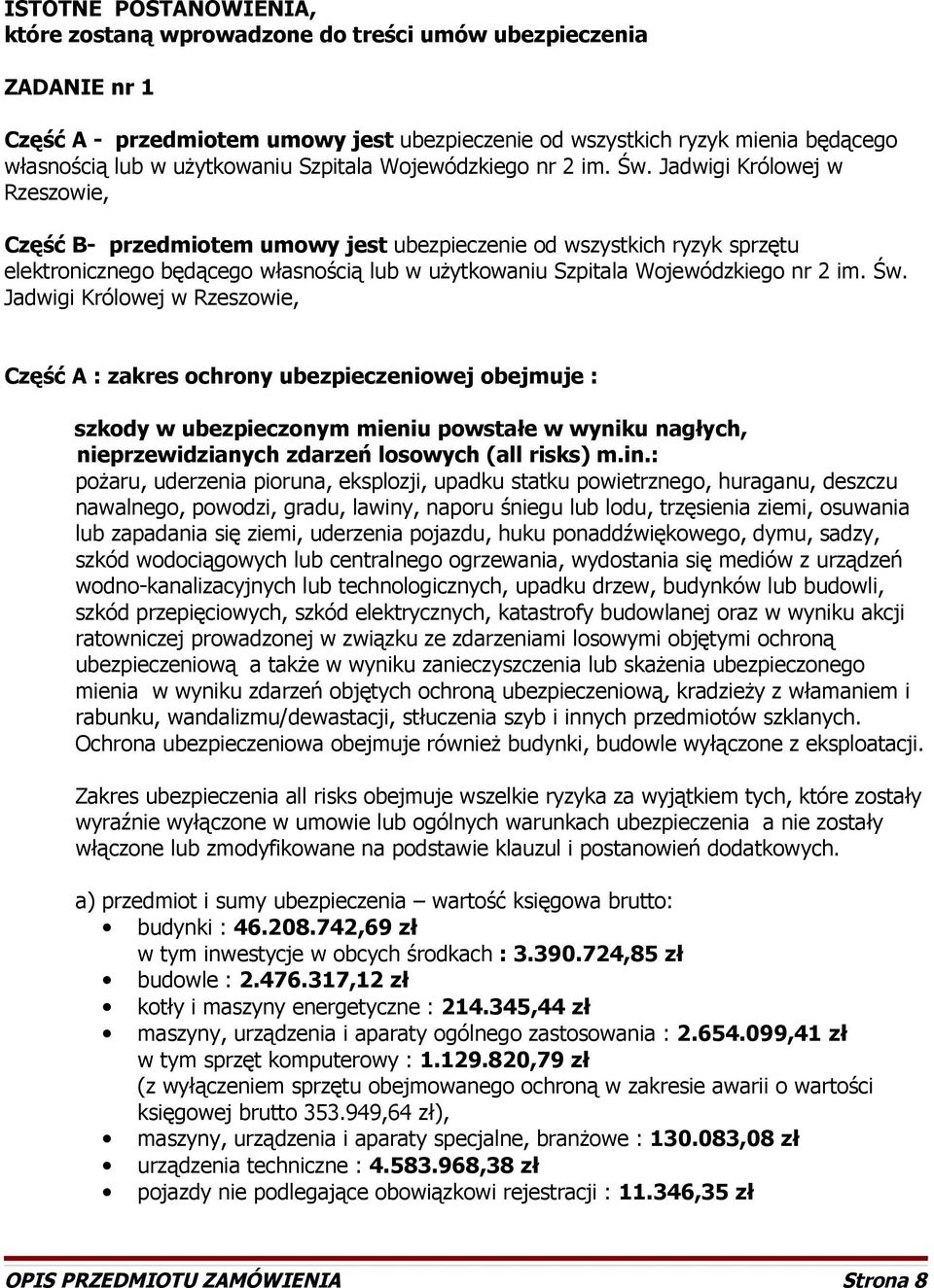 Jadwigi Królowej w Rzeszowie, Część B- przedmiotem umowy jest ubezpieczenie od wszystkich ryzyk sprzętu elektronicznego będącego własnością lub w  Jadwigi Królowej w Rzeszowie, Część A : zakres