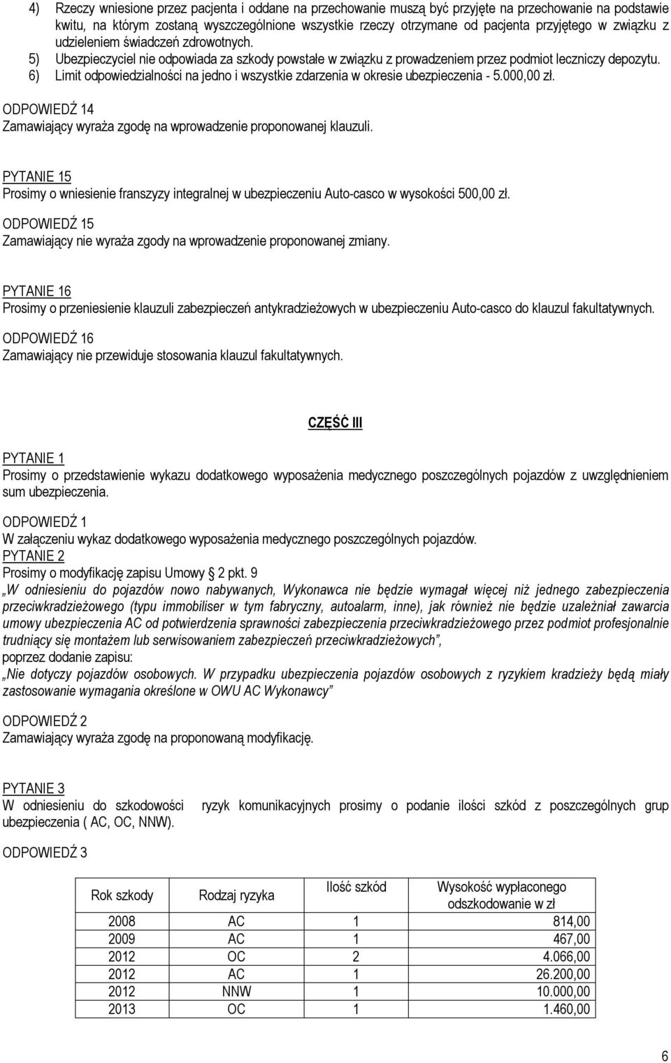 6) Limit odpowiedzialności na jedno i wszystkie zdarzenia w okresie ubezpieczenia - 5.000,00 zł. ODPOWIEDŹ 14 Zamawiający wyraża zgodę na wprowadzenie proponowanej klauzuli.