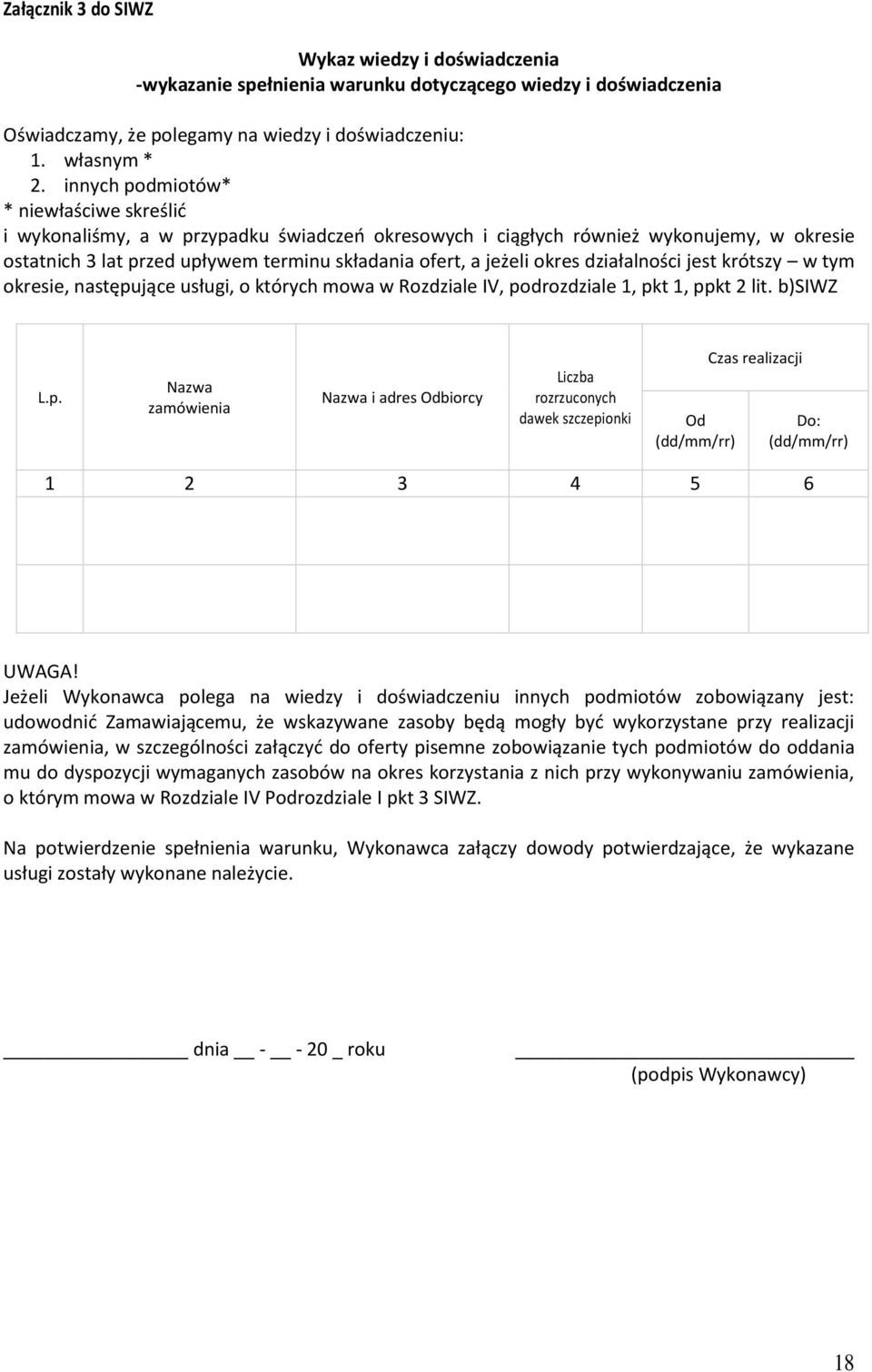 okres działalności jest krótszy w tym okresie, następujące usługi, o których mowa w Rozdziale IV, podrozdziale 1, pkt 1, ppkt 2 lit. b)siwz L.p. Nazwa zamówienia Nazwa i adres Odbiorcy Liczba rozrzuconych dawek szczepionki Od (dd/mm/rr) Czas realizacji Do: (dd/mm/rr) 1 2 3 4 5 6 UWAGA!