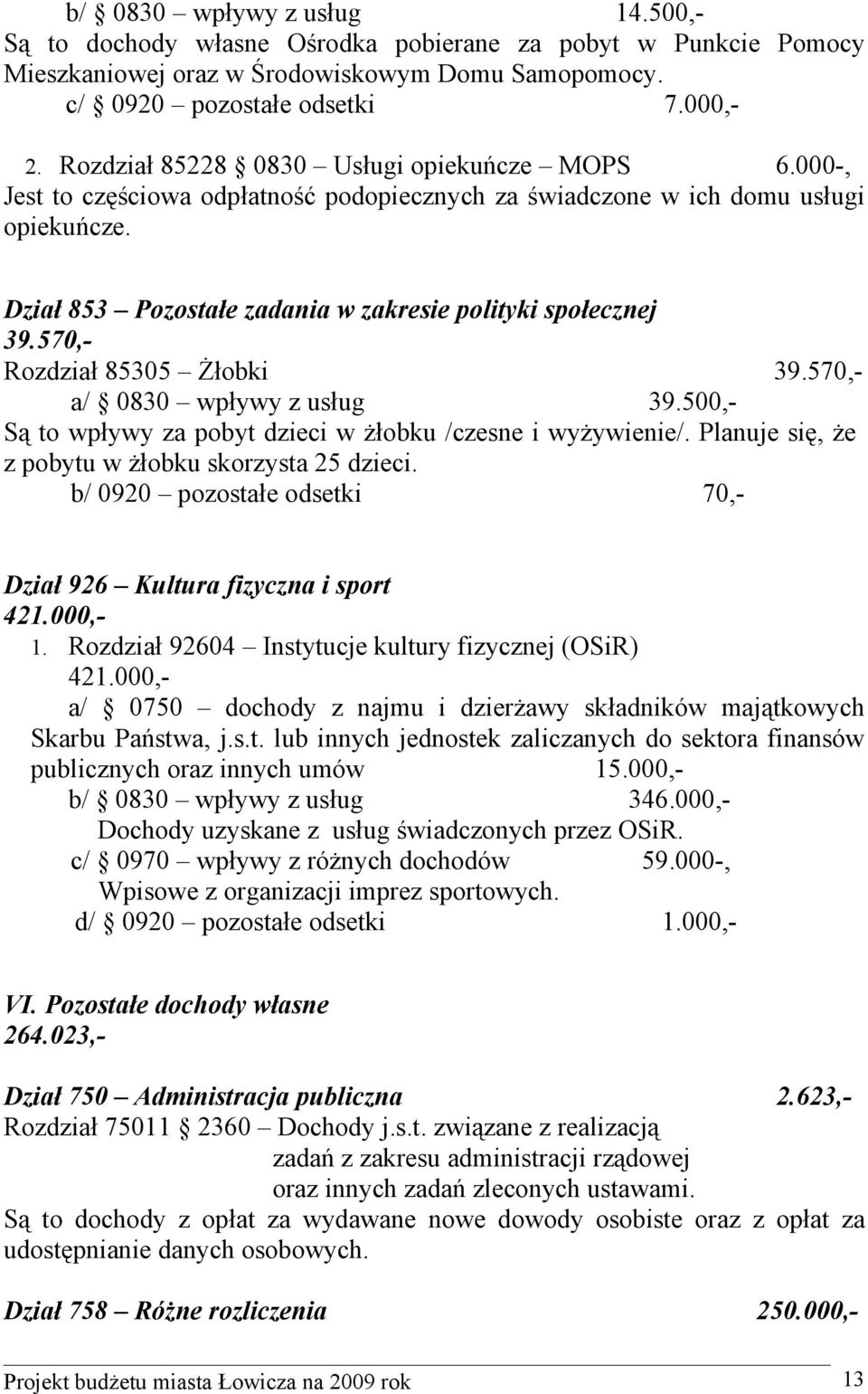 570,- Rozdział 85305 Żłobki 39.570,- a/ 0830 wpływy z usług 39.500,- Są to wpływy za pobyt dzieci w żłobku /czesne i wyżywienie/. Planuje się, że z pobytu w żłobku skorzysta 25 dzieci.