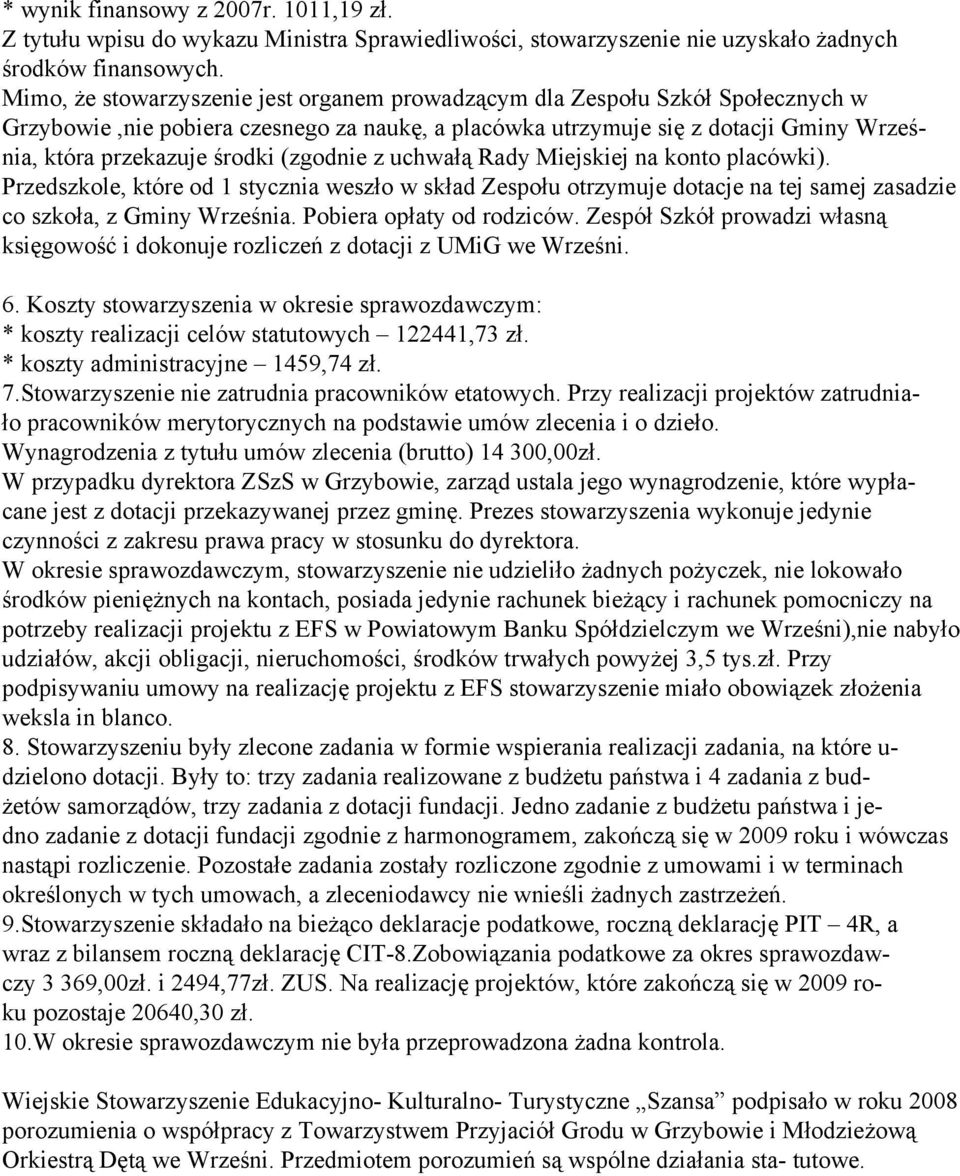 (zgodnie z uchwałą Rady Miejskiej na konto placówki). Przedszkole, które od 1 stycznia weszło w skład Zespołu otrzymuje dotacje na tej samej zasadzie co szkoła, z Gminy Września.