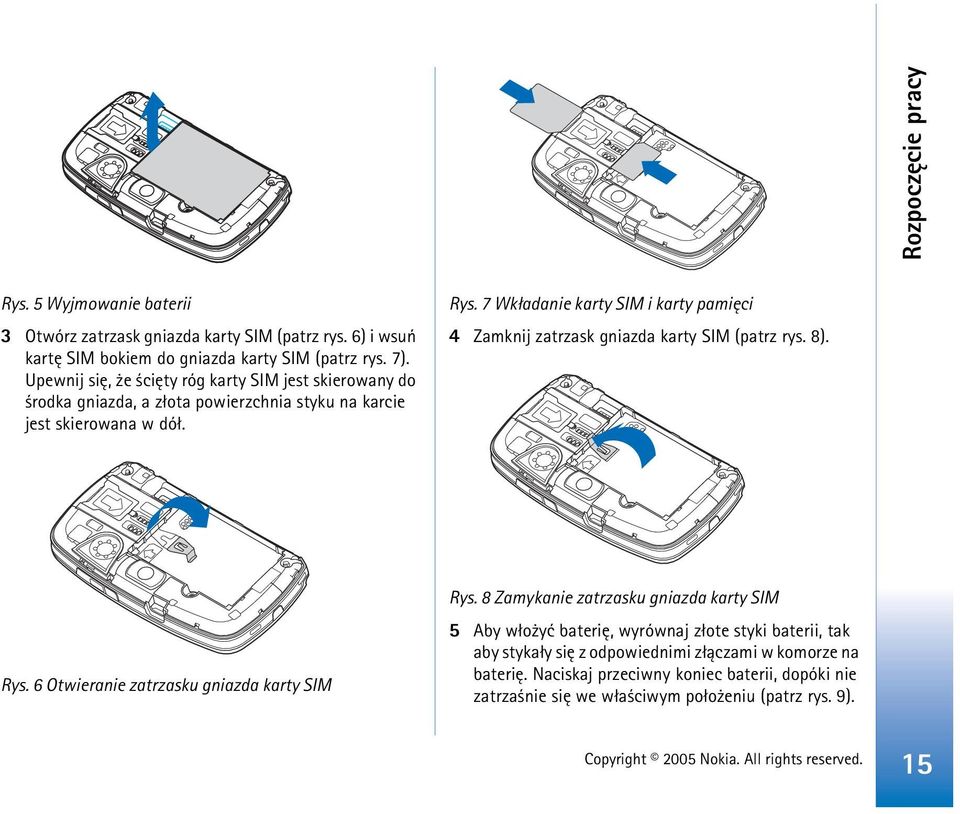 7 Wk³adanie karty SIM i karty pamiêci 4 Zamknij zatrzask gniazda karty SIM (patrz rys. 8). Rys. 6 Otwieranie zatrzasku gniazda karty SIM Rys.