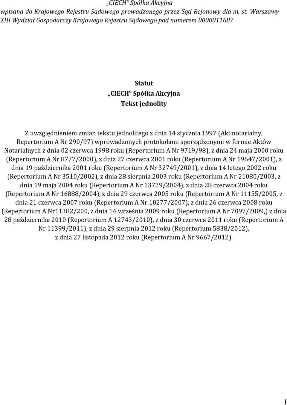 notarialny, Repertorium A Nr 290/97) wprowadzonych protokołami sporządzonymi w formie Aktów Notarialnych z dnia 02 czerwca 1998 roku (Repertorium A Nr 9719/98), z dnia 24 maja 2000 roku (Repertorium