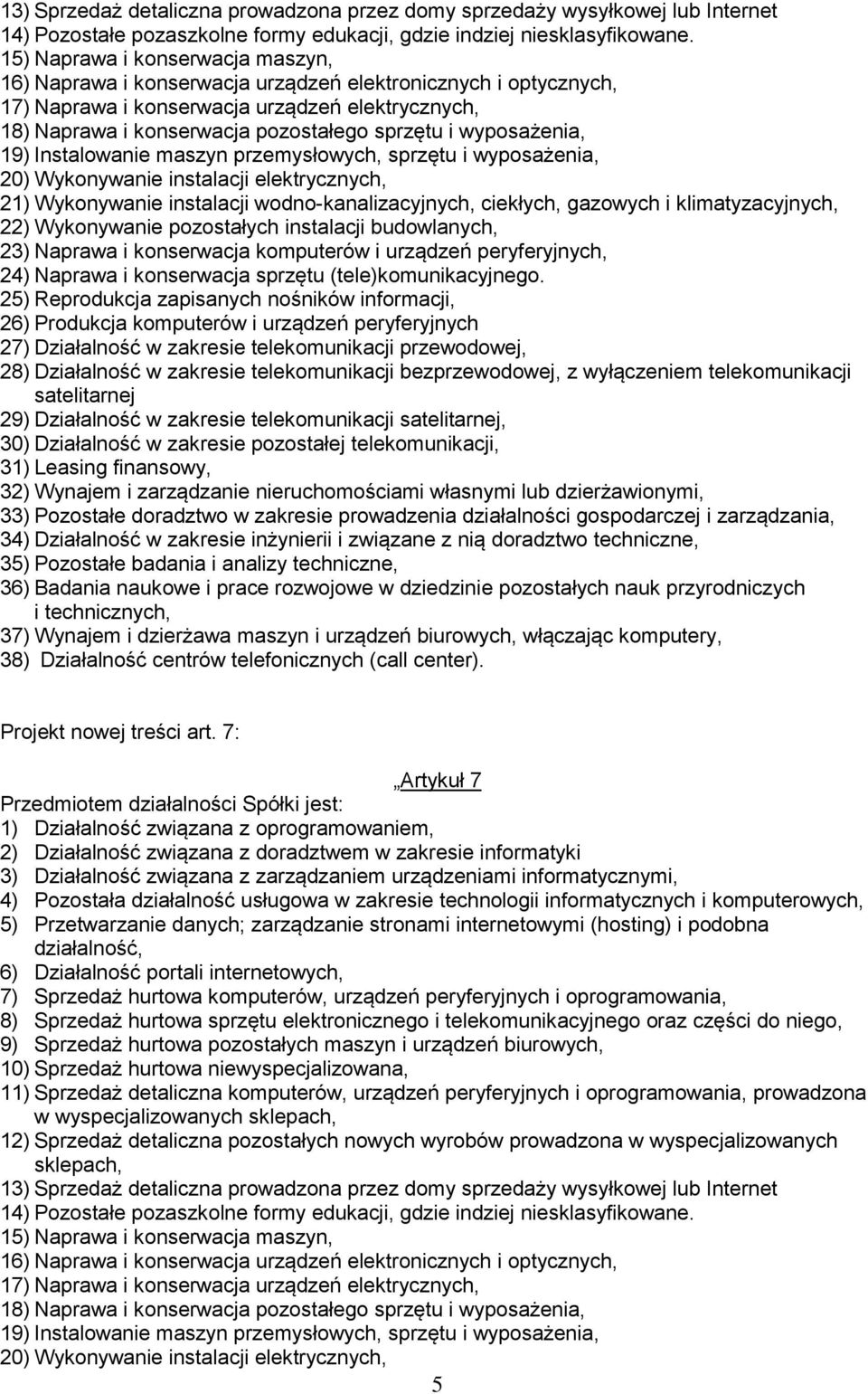 wyposażenia, 19) Instalowanie maszyn przemysłowych, sprzętu i wyposażenia, 20) Wykonywanie instalacji elektrycznych, 21) Wykonywanie instalacji wodno-kanalizacyjnych, ciekłych, gazowych i