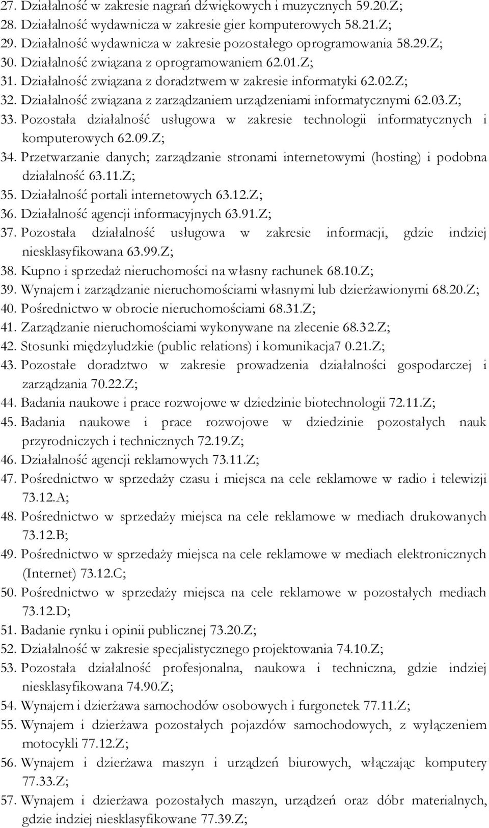 Działalność związana z zarządzaniem urządzeniami informatycznymi 62.03.Z; 33. Pozostała działalność usługowa w zakresie technologii informatycznych i komputerowych 62.09.Z; 34.