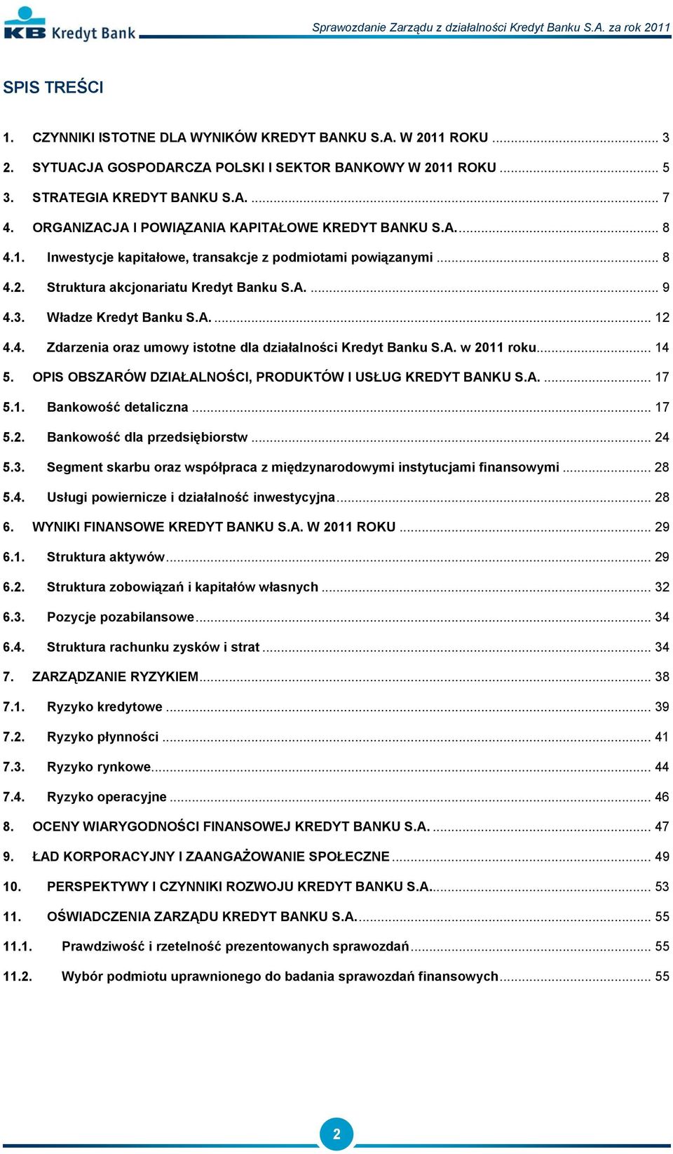 Władze Kredyt Banku S.A.... 12 4.4. Zdarzenia oraz umowy istotne dla działalności Kredyt Banku S.A. w 2011 roku... 14 5. OPIS OBSZARÓW DZIAŁALNOŚCI, PRODUKTÓW I USŁUG KREDYT BANKU S.A.... 17 5.1. Bankowość detaliczna.