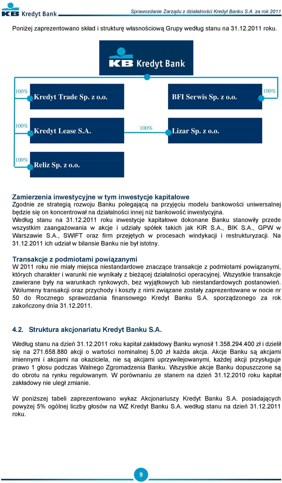 niż bankowość inwestycyjna. Według stanu na 31.12.2011 roku inwestycje kapitałowe dokonane Banku stanowiły przede wszystkim zaangażowania w akcje i udziały spółek takich jak KIR S.A.