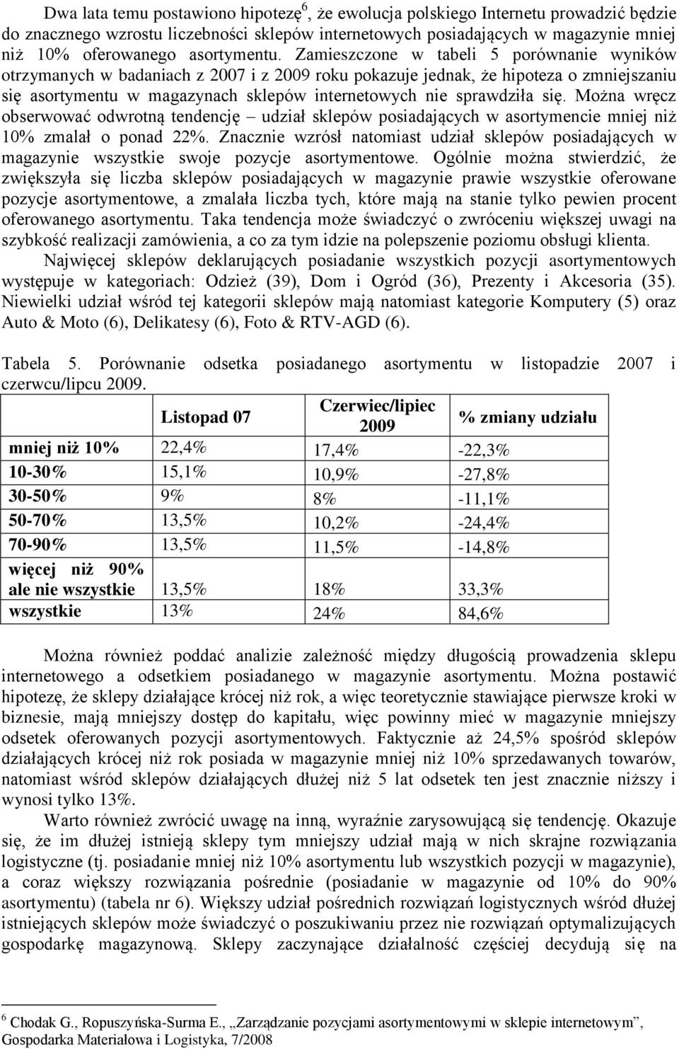 Zamieszczone w tabeli 5 porównanie wyników otrzymanych w badaniach z 2007 i z 2009 roku pokazuje jednak, że hipoteza o zmniejszaniu się asortymentu w magazynach sklepów internetowych nie sprawdziła