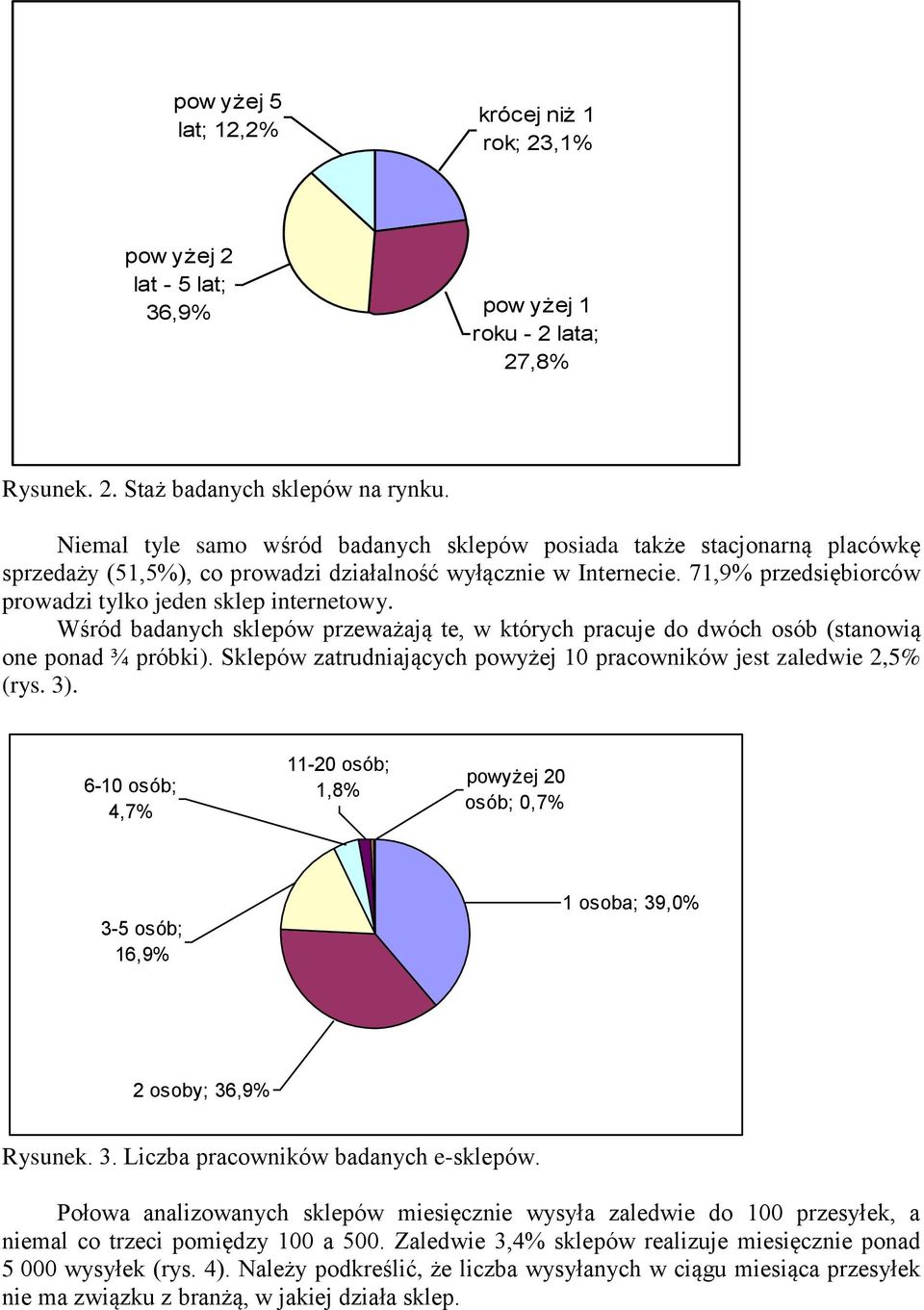 71,9% przedsiębiorców prowadzi tylko jeden sklep internetowy. Wśród badanych sklepów przeważają te, w których pracuje do dwóch osób (stanowią one ponad ¾ próbki).