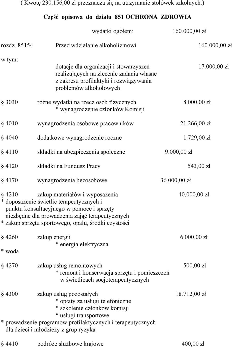 000,00 zł 3030 różne wydatki na rzecz osób fizycznych 8.000,00 zł * wynagrodzenie członków Komisji 4010 wynagrodzenia osobowe pracowników 21.266,00 zł 4040 dodatkowe wynagrodzenie roczne 1.