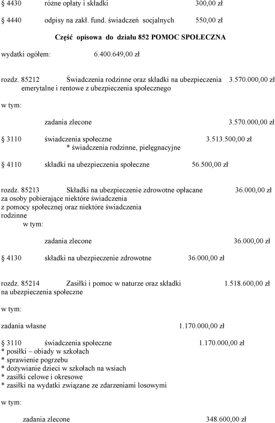 500,00 zł * świadczenia rodzinne, pielęgnacyjne 4110 składki na ubezpieczenia społeczne 56.500,00 zł rozdz. 85213 Składki na ubezpieczenie zdrowotne opłacane 36.