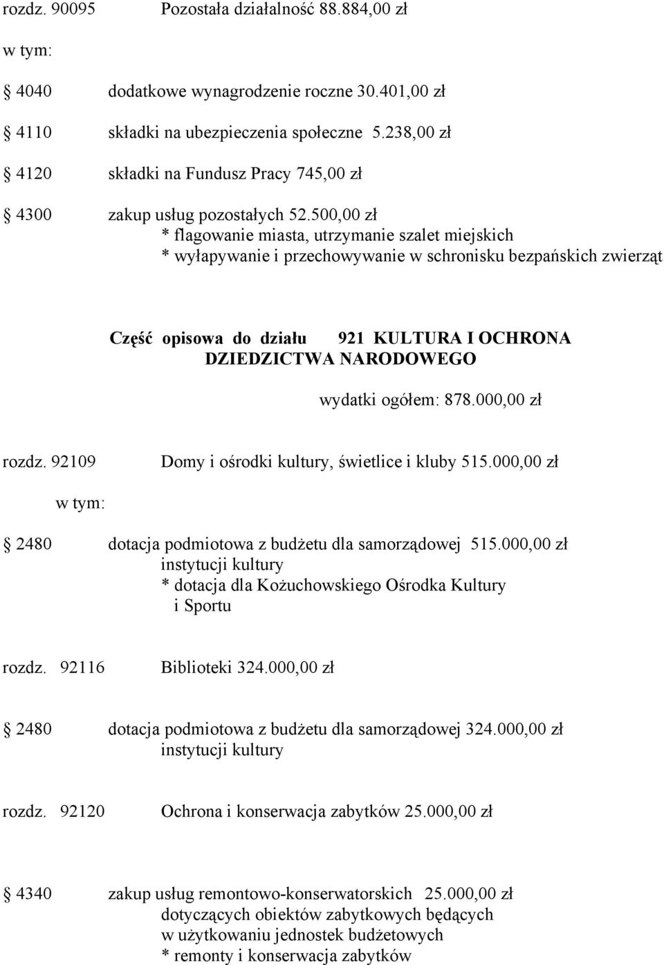 500,00 zł * flagowanie miasta, utrzymanie szalet miejskich * wyłapywanie i przechowywanie w schronisku bezpańskich zwierząt Część opisowa do działu 921 KULTURA I OCHRONA DZIEDZICTWA NARODOWEGO