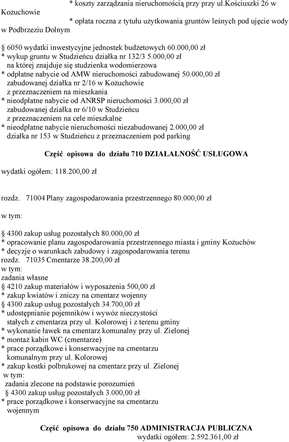 000,00 zł * wykup gruntu w Studzieńcu działka nr 132/3 5.000,00 zł na której znajduje się studzienka wodomierzowa * odpłatne nabycie od AMW nieruchomości zabudowanej 50.