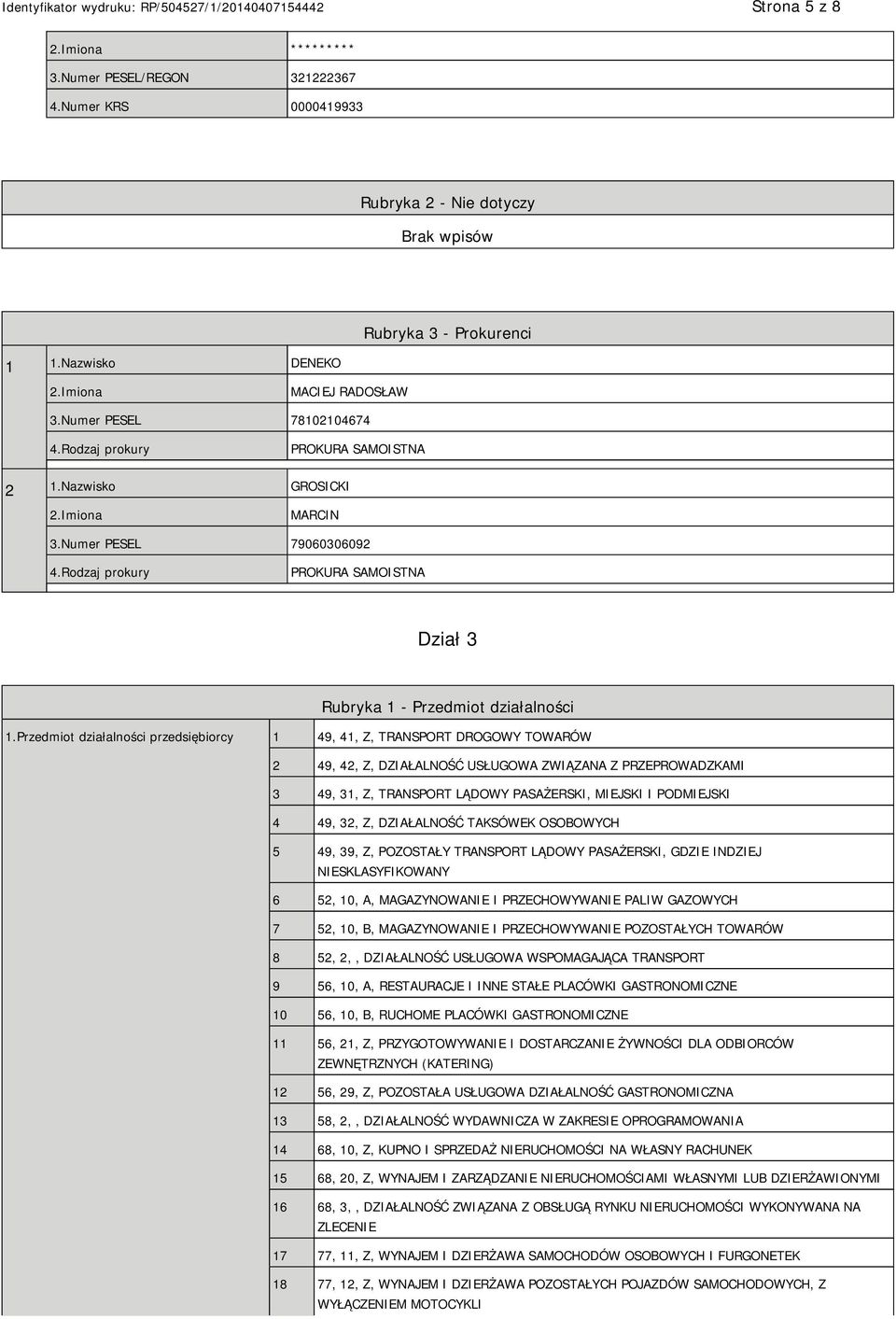 Przedmiot działalności przedsiębiorcy 1 49, 41, Z, TRANSPORT DROGOWY TOWARÓW 2 49, 42, Z, DZIAŁALNOŚĆ USŁUGOWA ZWIĄZANA Z PRZEPROWADZKAMI 3 49, 31, Z, TRANSPORT LĄDOWY PASAŻERSKI, MIEJSKI I