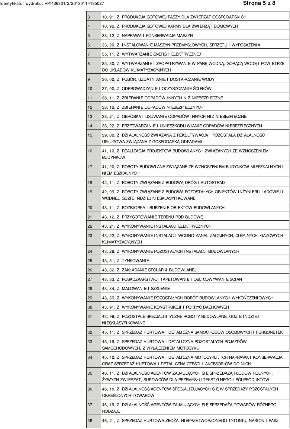 36, 00, Z, POBÓR, UZDATNIA I DOSTARCZA WODY 10 37, 00, Z, ODPROWADZA I OCZYSZCZA ŚCIEKÓW 11 38, 11, Z, ZBIERA ODPADÓW INNYCH NIŻ BEZPIECZNE 12 38, 12, Z, ZBIERA ODPADÓW BEZPIECZNYCH 13 38, 21, Z,