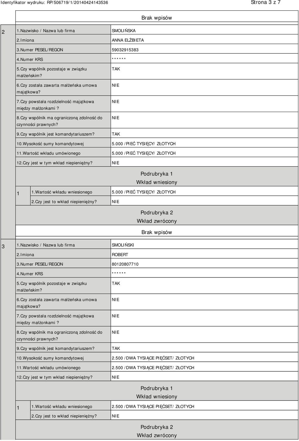 Nazwisko / Nazwa lub firma SMOLIŃSKI 2.Imiona ROBERT 3.Numer PESEL/REGON 80120807710 4.Numer KRS * 10.Wysokość sumy komandytowej 11.Wartość wkładu umówionego 12.