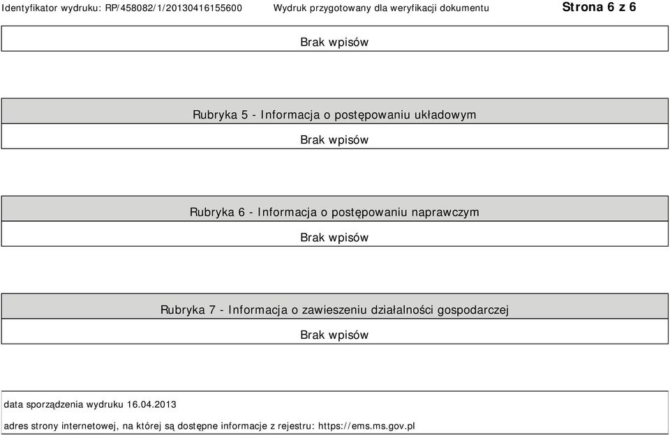 działalności gospodarczej data sporządzenia wydruku 16.04.