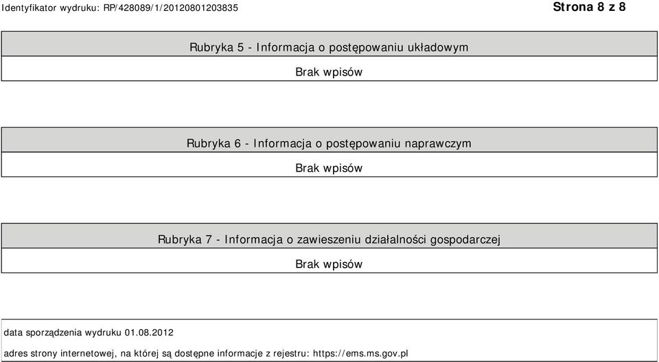 działalności gospodarczej data sporządzenia wydruku 01.08.