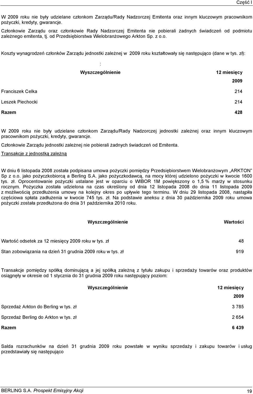 zł): : Wyszczególnienie 12 miesięcy 2009 Franciszek Celka 214 Leszek Piechocki 214 Razem 428 W 2009 roku nie były udzielane członkom Zarządu/Rady Nadzorczej jednostki zależnej oraz innym kluczowym