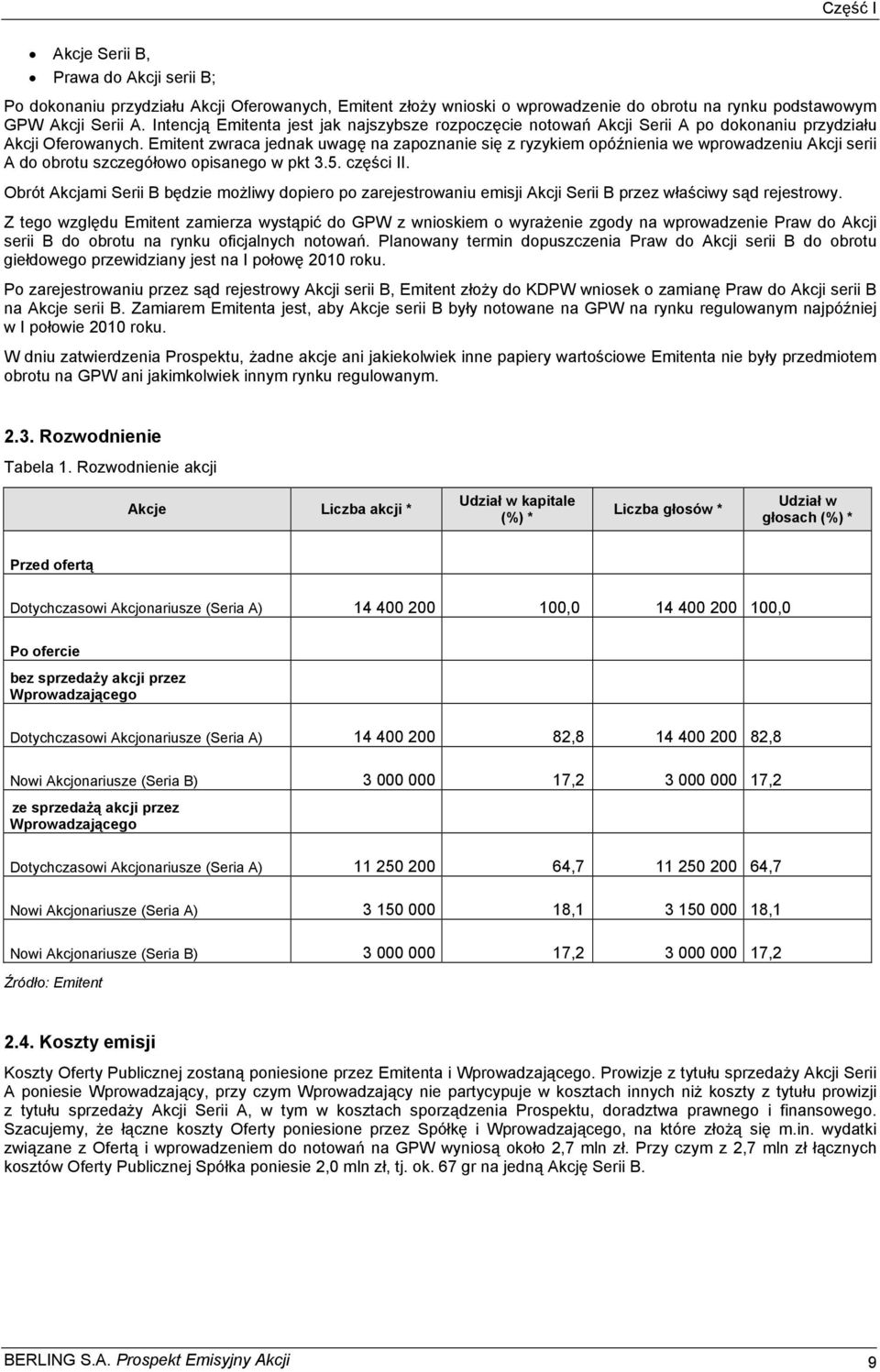 Emitent zwraca jednak uwagę na zapoznanie się z ryzykiem opóźnienia we wprowadzeniu Akcji serii A do obrotu szczegółowo opisanego w pkt 3.5. części II.