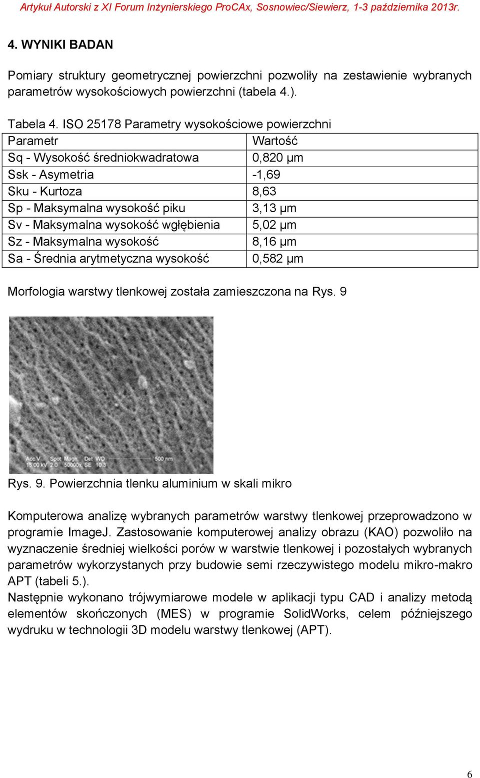 wysokość wgłębienia 5,02 µm Sz - Maksymalna wysokość 8,16 µm Sa - Średnia arytmetyczna wysokość 0,582 µm Morfologia warstwy tlenkowej została zamieszczona na Rys. 9 