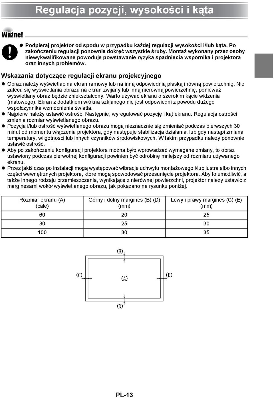 Wskazania dotyczące regulacji ekranu projekcyjnego Obraz należy wyświetlać na ekran ramowy lub na inną odpowiednią płaską i równą powierzchnię.