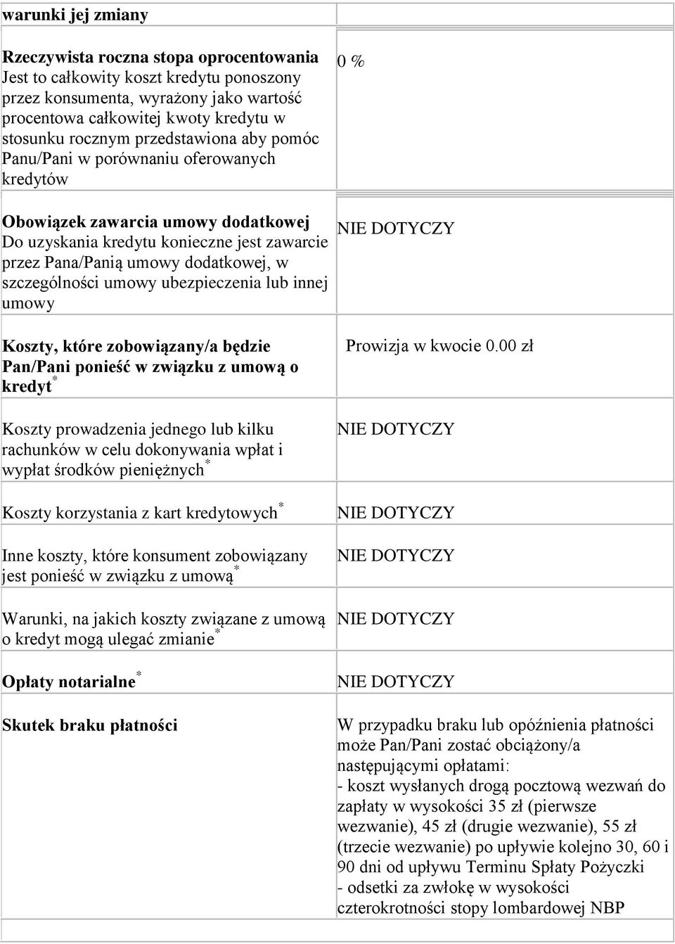 szczególności umowy ubezpieczenia lub innej umowy Koszty, które zobowiązany/a będzie Pan/Pani ponieść w związku z umową o kredyt * Koszty prowadzenia jednego lub kilku rachunków w celu dokonywania