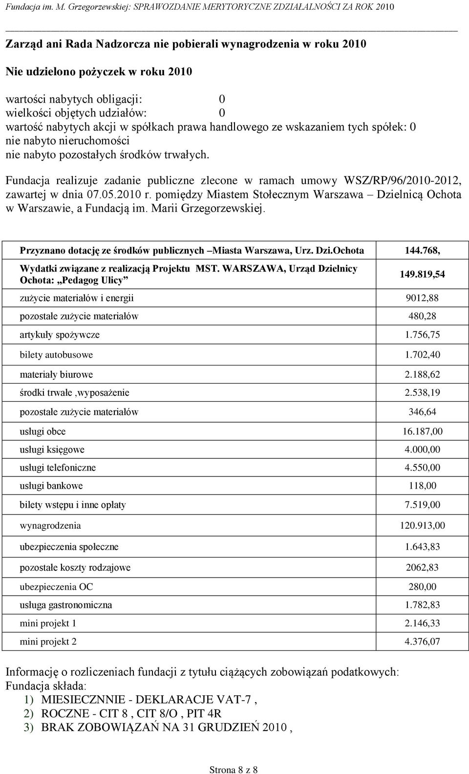 Fundacja realizuje zadanie publiczne zlecone w ramach umowy WSZ/RP/96/2010-2012, zawartej w dnia 07.05.2010 r. pomiędzy Miastem Stołecznym Warszawa Dzielnicą Ochota w Warszawie, a Fundacją im.
