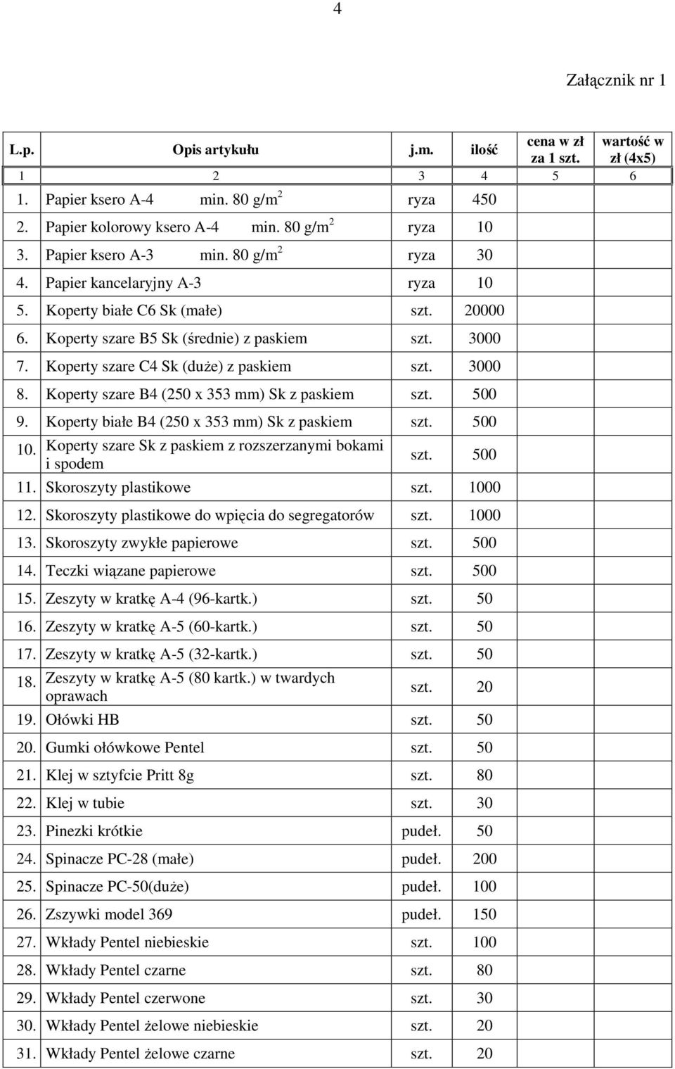 Koperty szare C4 Sk (duŝe) z paskiem szt. 3000 8. Koperty szare B4 (250 x 353 mm) Sk z paskiem szt. 500 9. Koperty białe B4 (250 x 353 mm) Sk z paskiem szt. 500 10.