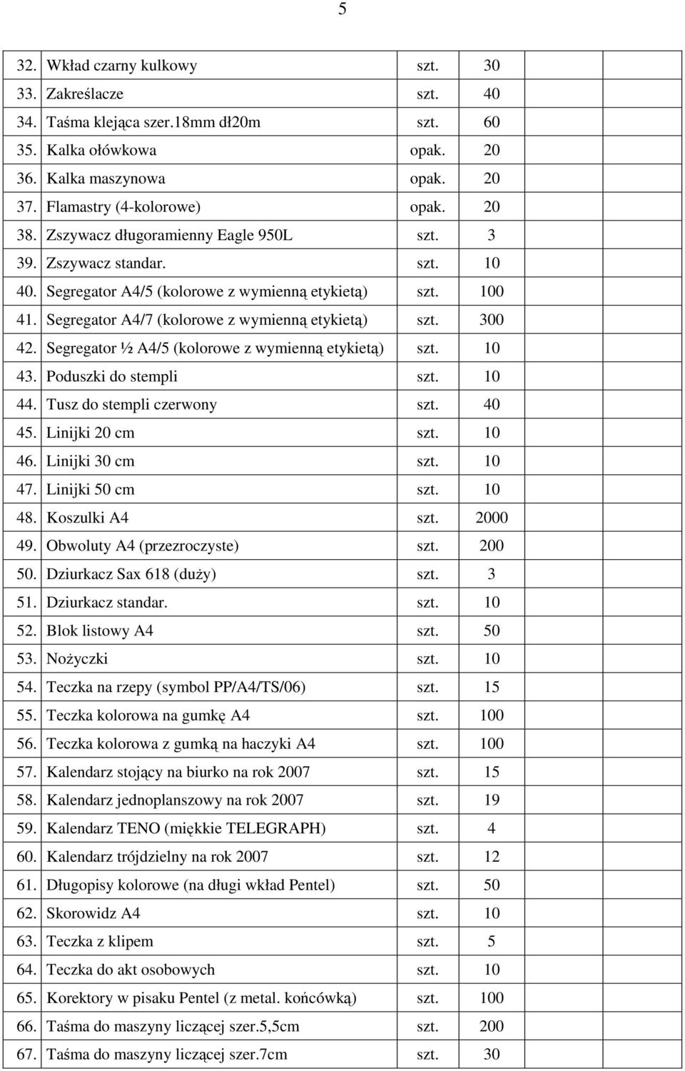 Segregator ½ A4/5 (kolorowe z wymienną etykietą) szt. 10 43. Poduszki do stempli szt. 10 44. Tusz do stempli czerwony szt. 40 45. Linijki 20 cm szt. 10 46. Linijki 30 cm szt. 10 47. Linijki 50 cm szt.