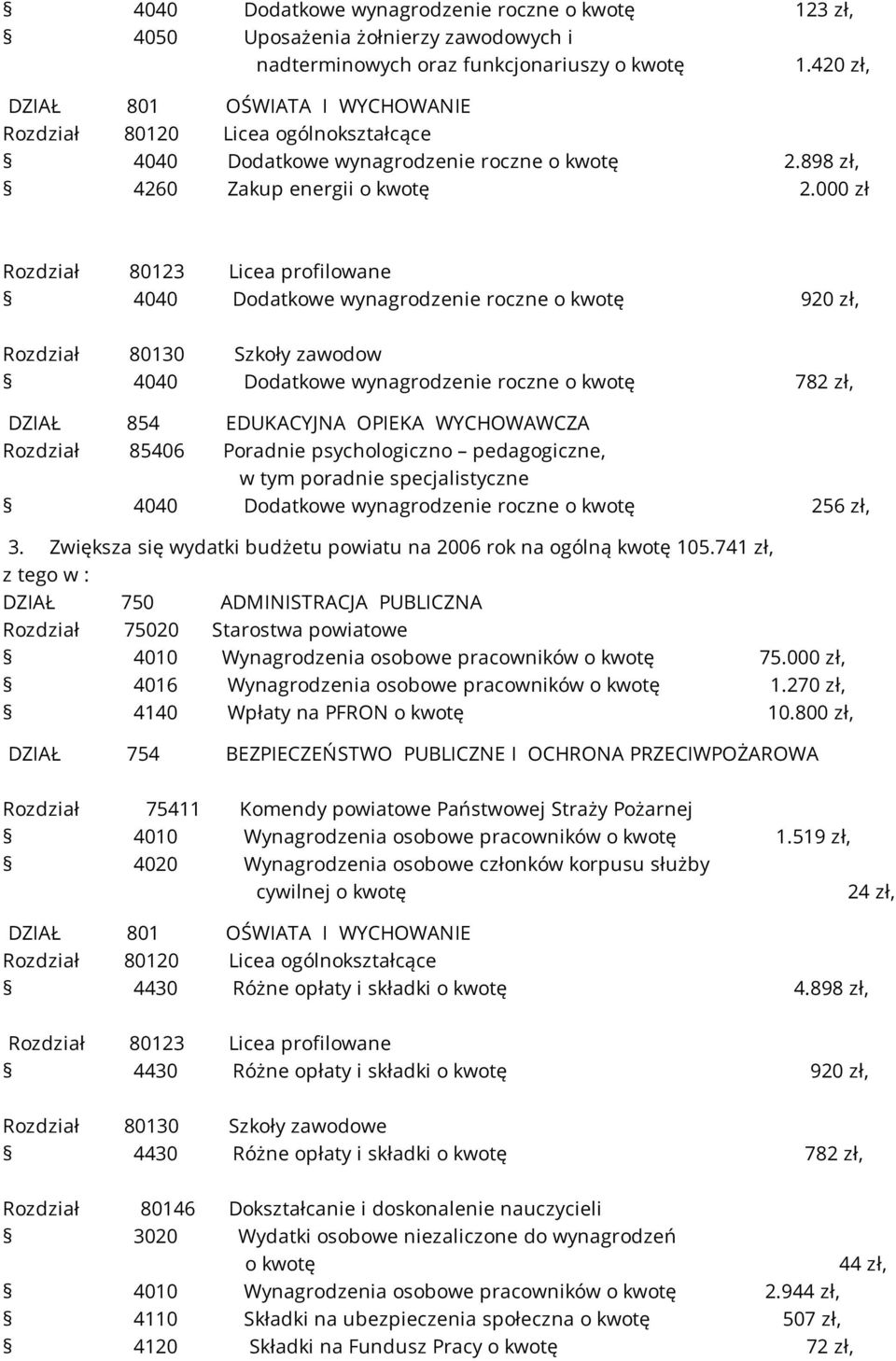 000 zł Rozdział 80123 Licea profilowane 4040 Dodatkowe wynagrodzenie roczne o kwotę 920 zł, Rozdział 80130 Szkoły zawodow 4040 Dodatkowe wynagrodzenie roczne o kwotę 782 zł, DZIAŁ 854 EDUKACYJNA