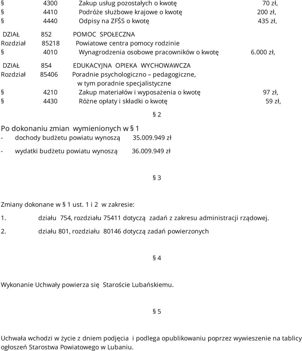 000 zł, DZIAŁ 854 EDUKACYJNA OPIEKA WYCHOWAWCZA Rozdział 85406 Poradnie psychologiczno pedagogiczne, w tym poradnie specjalistyczne 4210 Zakup materiałów i wyposażenia o kwotę 97 zł, 4430 Różne